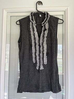 Sleeveless Charcoal Ruffle Front Top with Light Gray Accents